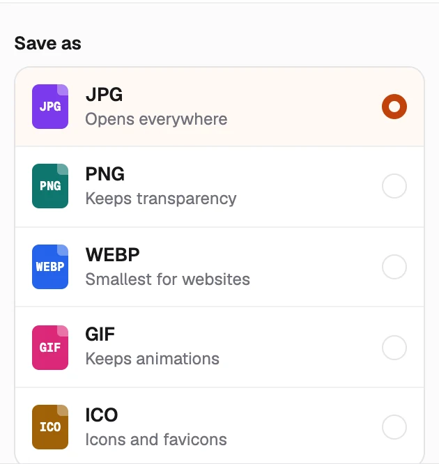 The Save as list with JPG picked, above PNG, WEBP, GIF and ICO
